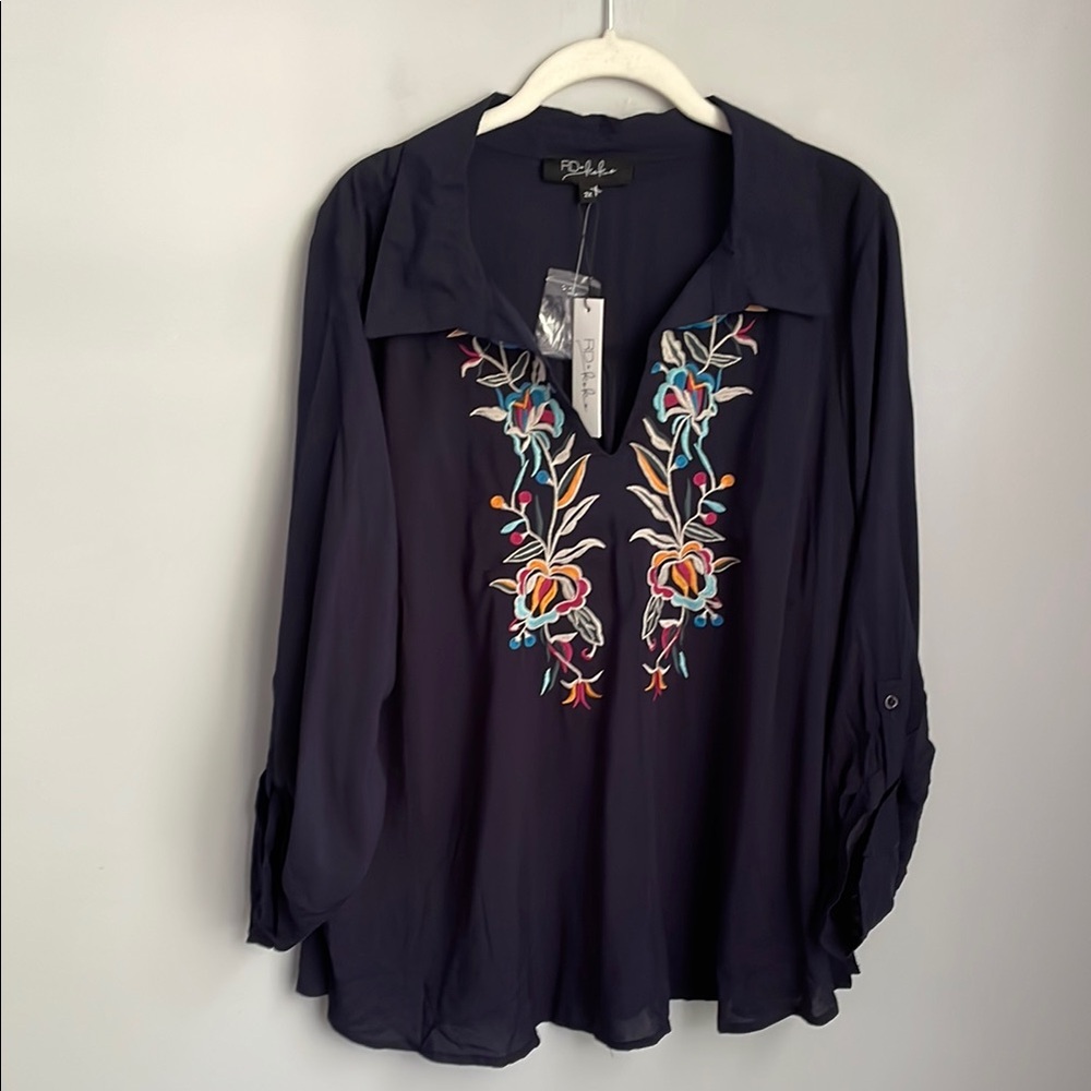 New Anthropologie RD & Koko Floral Embroidered Navy Tunic Top Size 2X